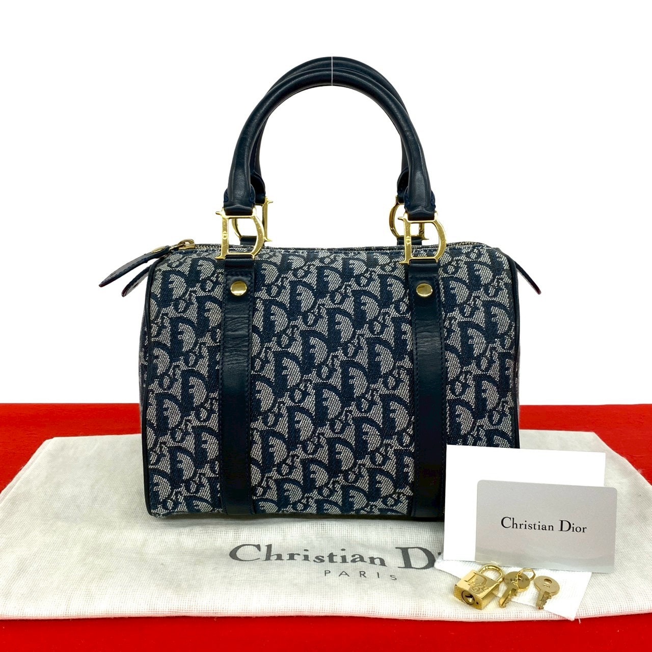 Christian Dior ディオール トロッター 柄 キャンバス レザー ハンドバッグ ネイビー
 33709