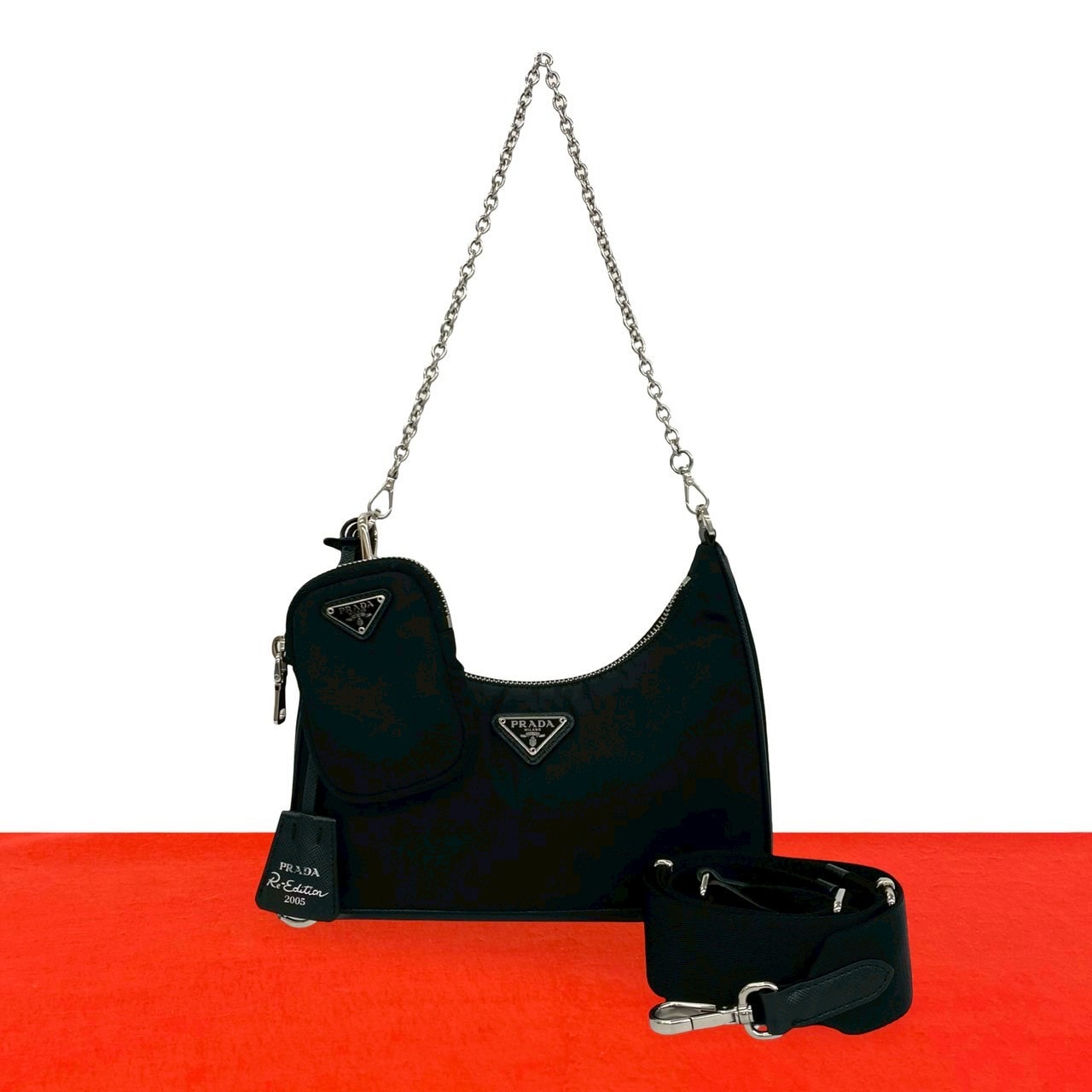 PRADA プラダ リエディション 三角ロゴ 金具 ナイロン レザー ショルダーバッグ ブラック
 b79-7