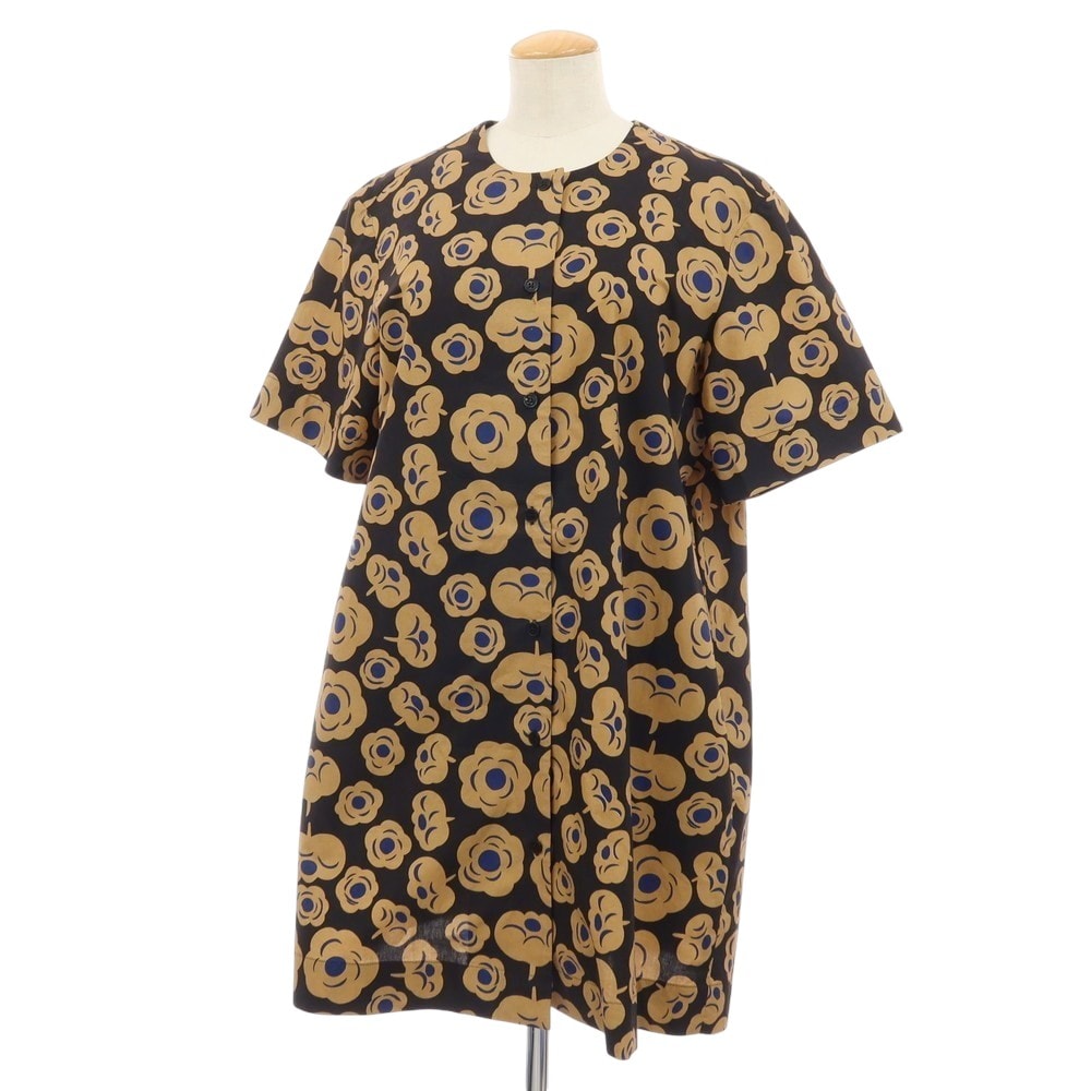 【中古】マリメッコ marimekko 2026年春夏 TAITAVUUS TUMMA コットン 半袖 ワンピース ダークネイビーxベージュ【サイズ34】【レディース】