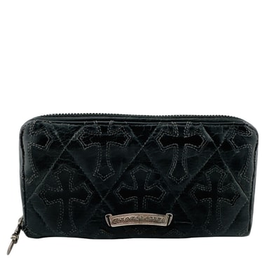 Chrome Hearts REC F Zip Cemetery Cross Quilted Destroy Leather Wallet "Black"