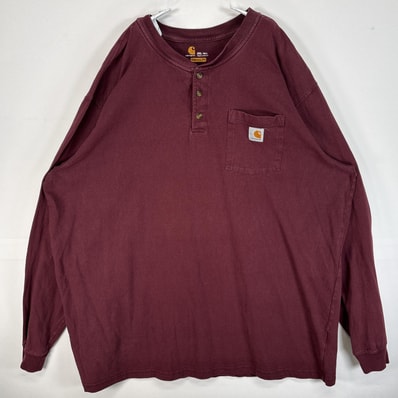 古着 カーハート Carhartt 長袖Tシャツ ヘンリーネック ワンポイント ロゴ 胸ポケ 大きいサイズ 肉厚 フェード 2XL ワインレッド 無地 メンズ
