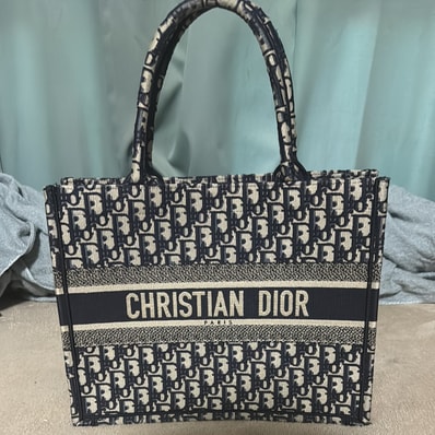 Dior Book Tote Medium Bag Oblique Embroidery "Ecru/Blue"
