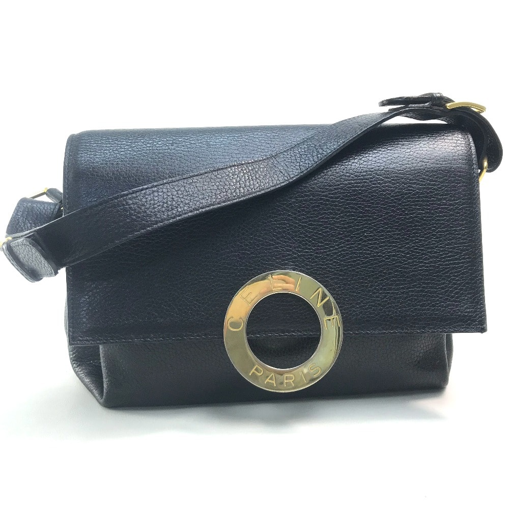 セリーヌ CELINE サークルロゴ ヴィンテージ カバン ワンショルダーバッグ ハンドバッグ レザー ブラック ブラック×ゴールド金具