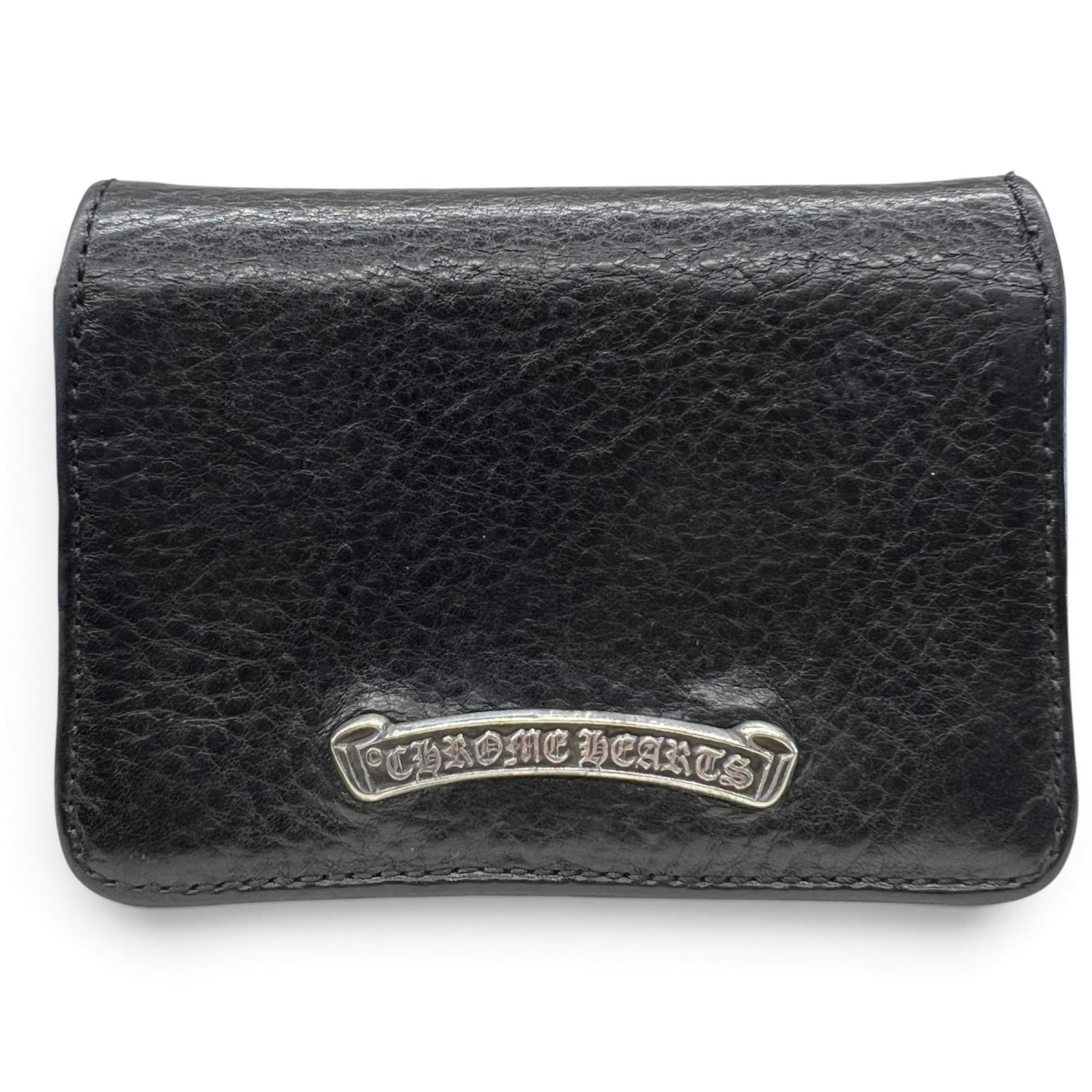 CHROME HEARTS 美品 クロムハーツ CARD CASE 3POCKET スクロールラベル 名刺入れ カードケース ブラック ヘビーレザー パスケース 小物 クロム ABランク 中古 鑑定済 クロム名刺入れ
