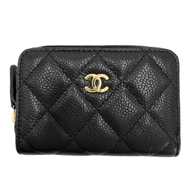 CHANEL シャネル コインケース マトラッセ クラシック ジップ カードケース ココマーク 小銭入れ 小物 キャビアスキン ブラック 黒 ゴールド金具 レディース 美品【中古品】