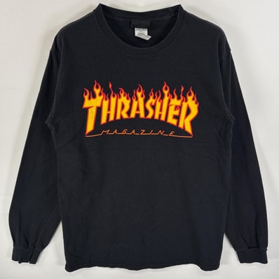 古着 スラッシャー THRASHER 長袖Tシャツ ラバープリント ファイヤーデザイン スケボー S ブラック メンズ