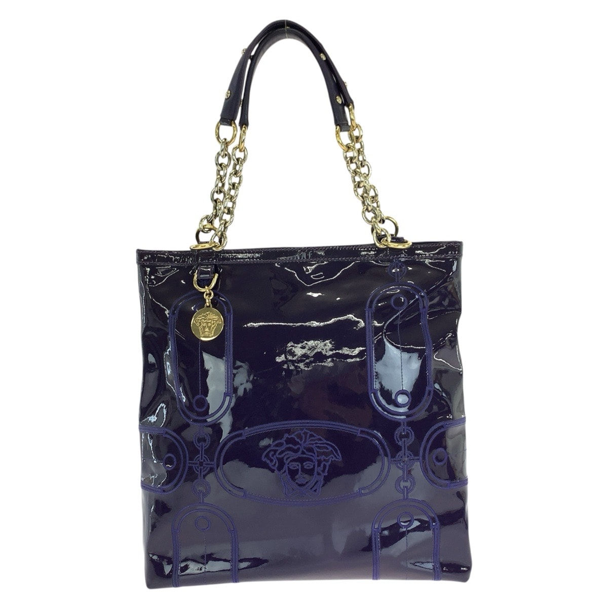 VERSACE ヴェルサーチ ヴィンテージ メデューサ パープル ゴールド金具 エナメル トートバッグ ショルダバッグ 1-0289381 【中古】
