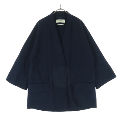 ZARA BASIC ザラベーシック 長袖 ノーカラー ウールコート L ネイビー