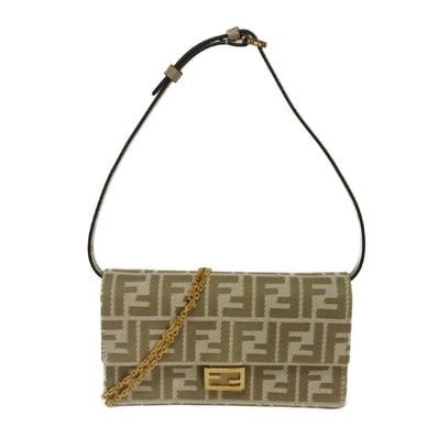 FENDI フェンディ バゲット チェーン ウォレット ズッカ カーフ 2WAY クロスボディ FFジャガード デニム ファブリック ベージュ ショルダーバッグ 8M0498 AUNJ F1SNP