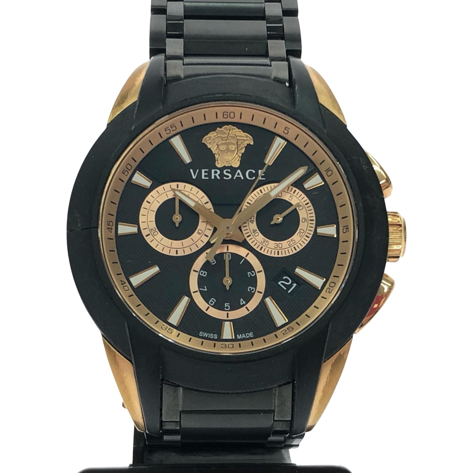 ▼▼VERSACE ベルサーチ メンズ腕時計 クオーツ キャラクター クロノグラフ ベゼル割れ有 VEM8 ブラック×ゴールド