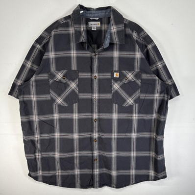 古着 カーハート Carhartt 半袖シャツ チェック 大きいサイズ フラップポケ ワンポイント ロゴ 3XL ダークグレー マルチカラー メンズ