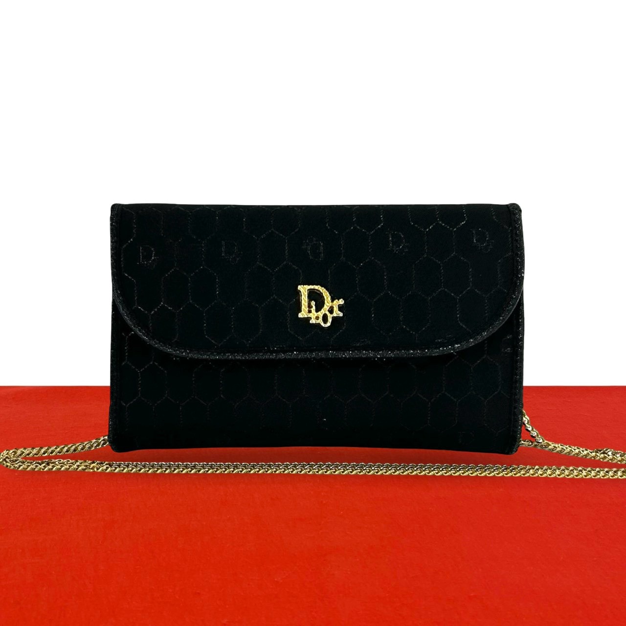 Christian Dior ディオール ロゴ 金具 ハニカム 柄 キャンバス ショルダーバッグ ブラック
 149-7