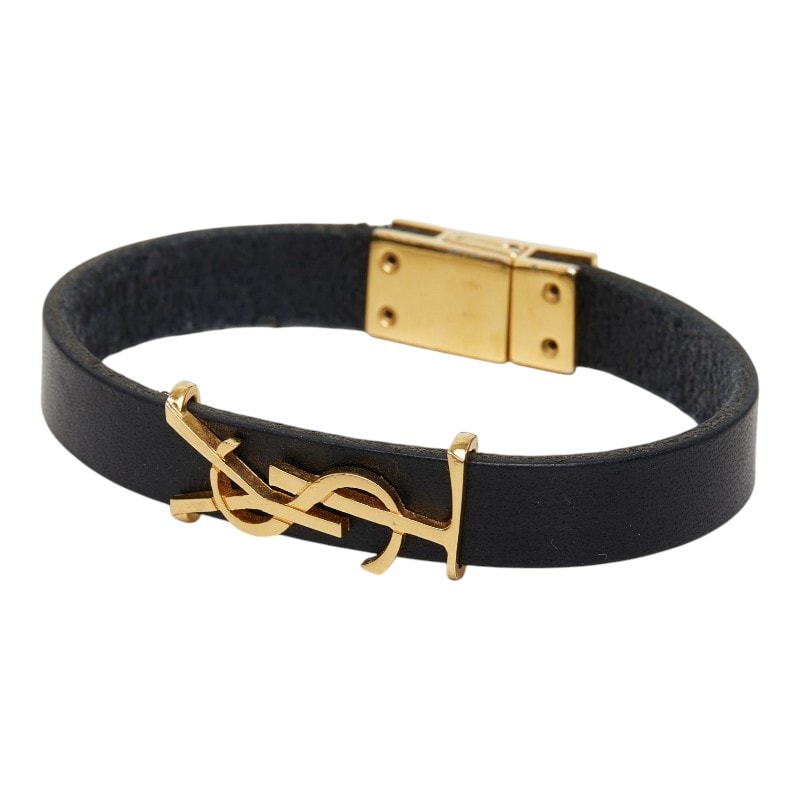 サンローラン オピウム YSLロゴ ブレスレット ブラック ゴールド メッキ レザー レディース SAINT LAURENT 【中古】