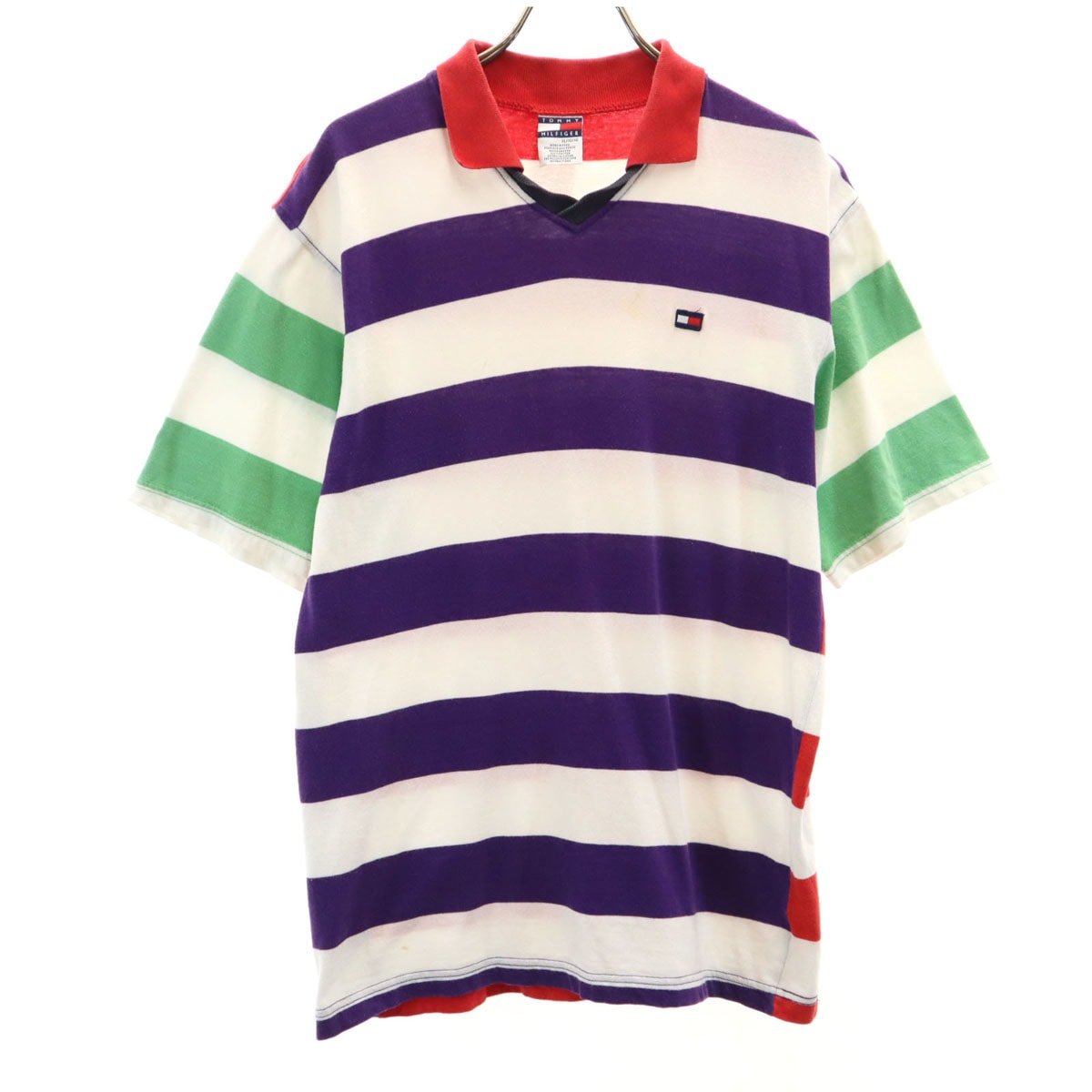 TOMMY HILFIGER トミーヒルフィガー ペルー製 オールド ボーダー柄 半袖 Vネック ポロシャツ XL