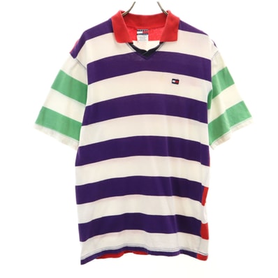 TOMMY HILFIGER トミーヒルフィガー ペルー製 オールド ボーダー柄 半袖 Vネック ポロシャツ XL