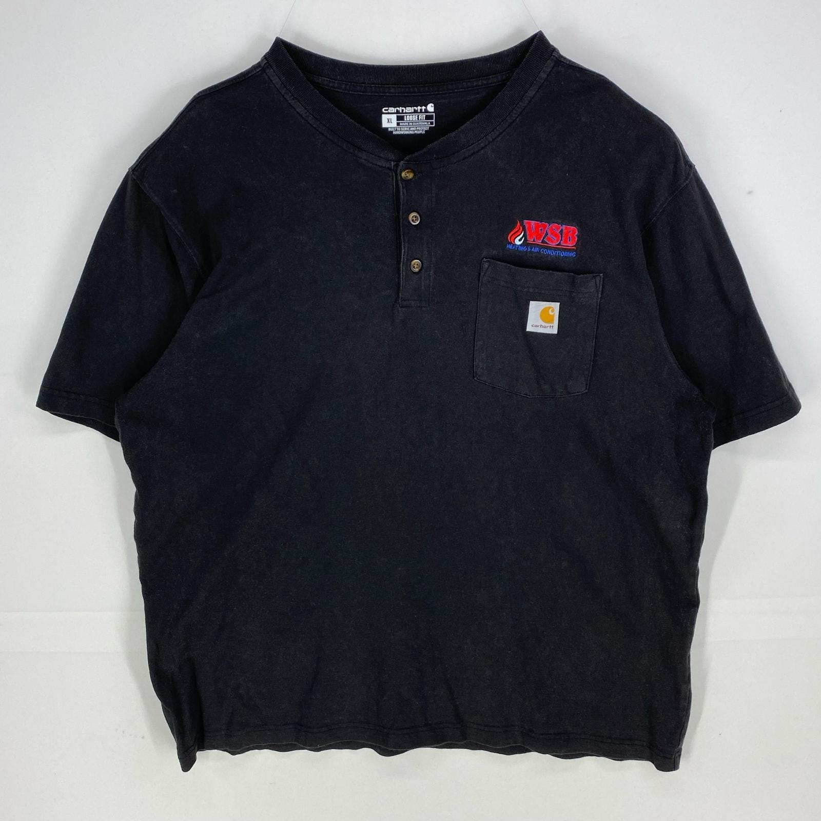 古着 カーハート Carhartt 半袖Tシャツ 胸ポケット 刺繍ロゴ ハーフボタン ショートスリーブ XL  ブラック系 メンズ