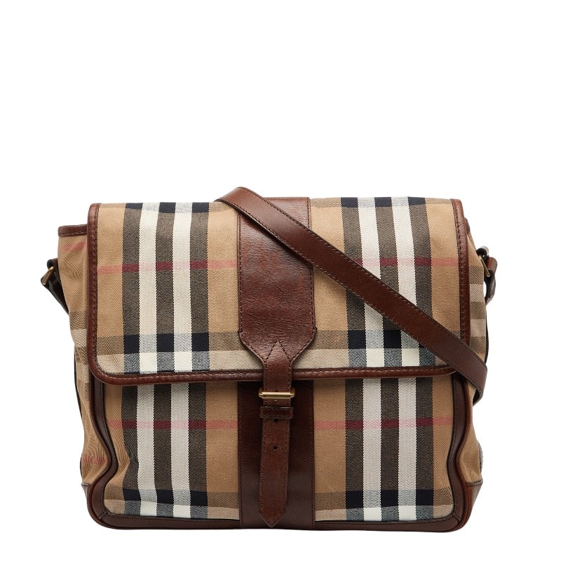 バーバリー ノバチェック メッセンジャーバッグ 斜め掛け ショルダーバッグ ブラウン キャンバス レザー レディース BURBERRY 中古