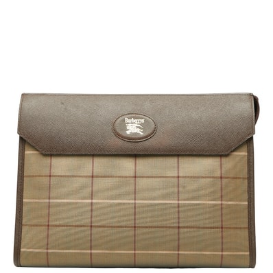 バーバリー チェック クラッチバッグ セカンドバッグ 玉虫 カーキ ブラウン キャンバス レザー レディース BURBERRY 中古