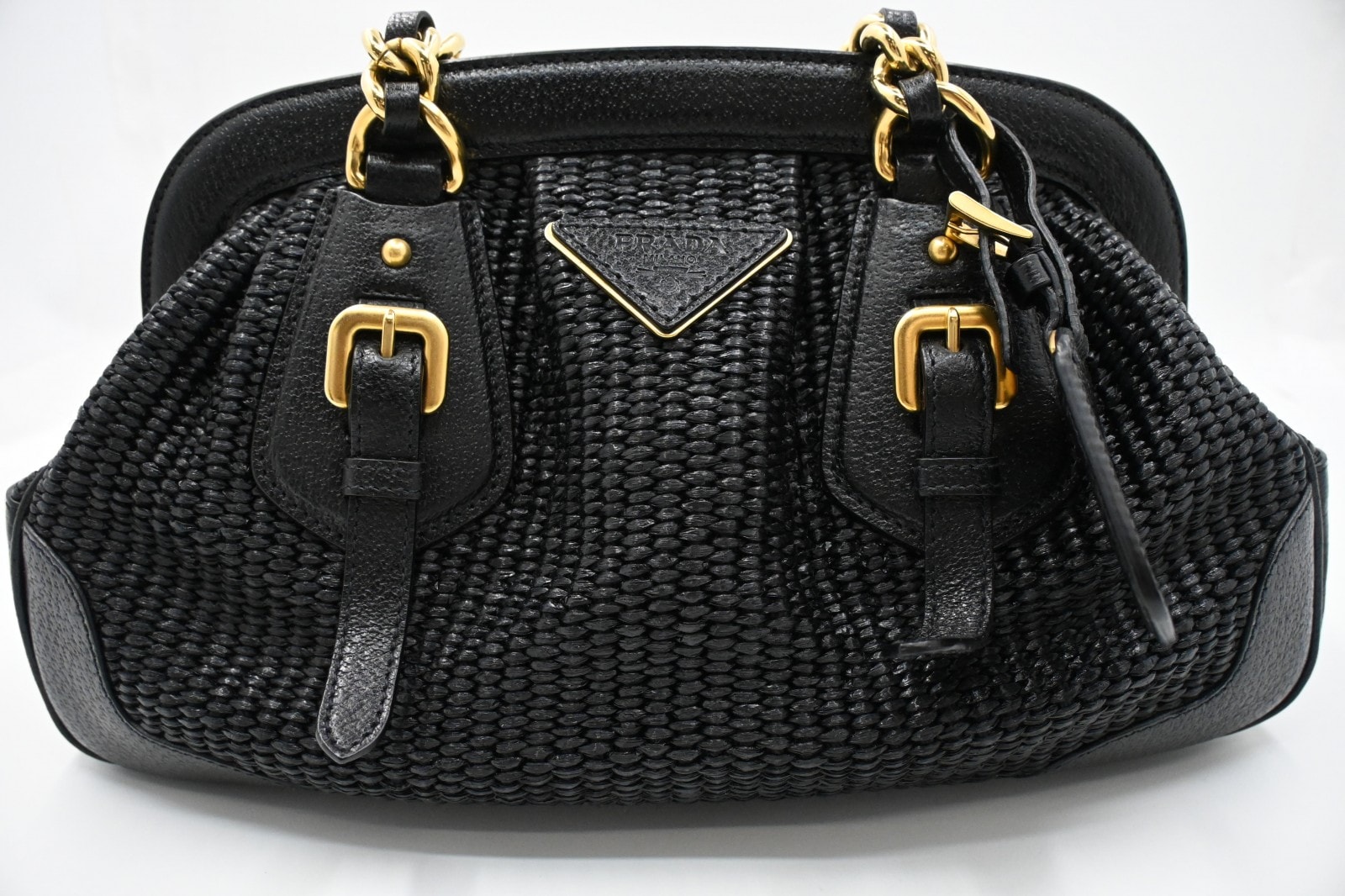 プラダ ショルダーチェーンバッグ ストロー レザー ブラック BR3692