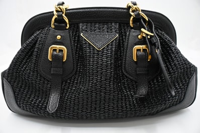 プラダ ショルダーチェーンバッグ ストロー レザー ブラック BR3692