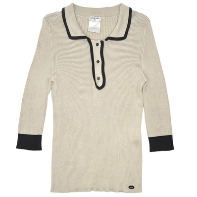 CHANEL シャネル トップス カメリア ニット 七分丈 アパレル 服 38 ベージュ レディース 春 秋【中古品】