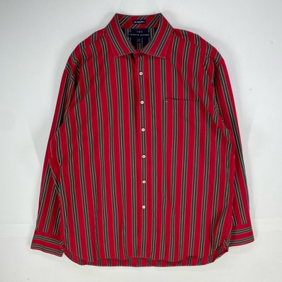 古着 トミーヒルフィガー TOMMY HILFIGER 長袖シャツ ワンポイント刺繍 ロングスリーブ XL レッド系 ストライプ メンズ