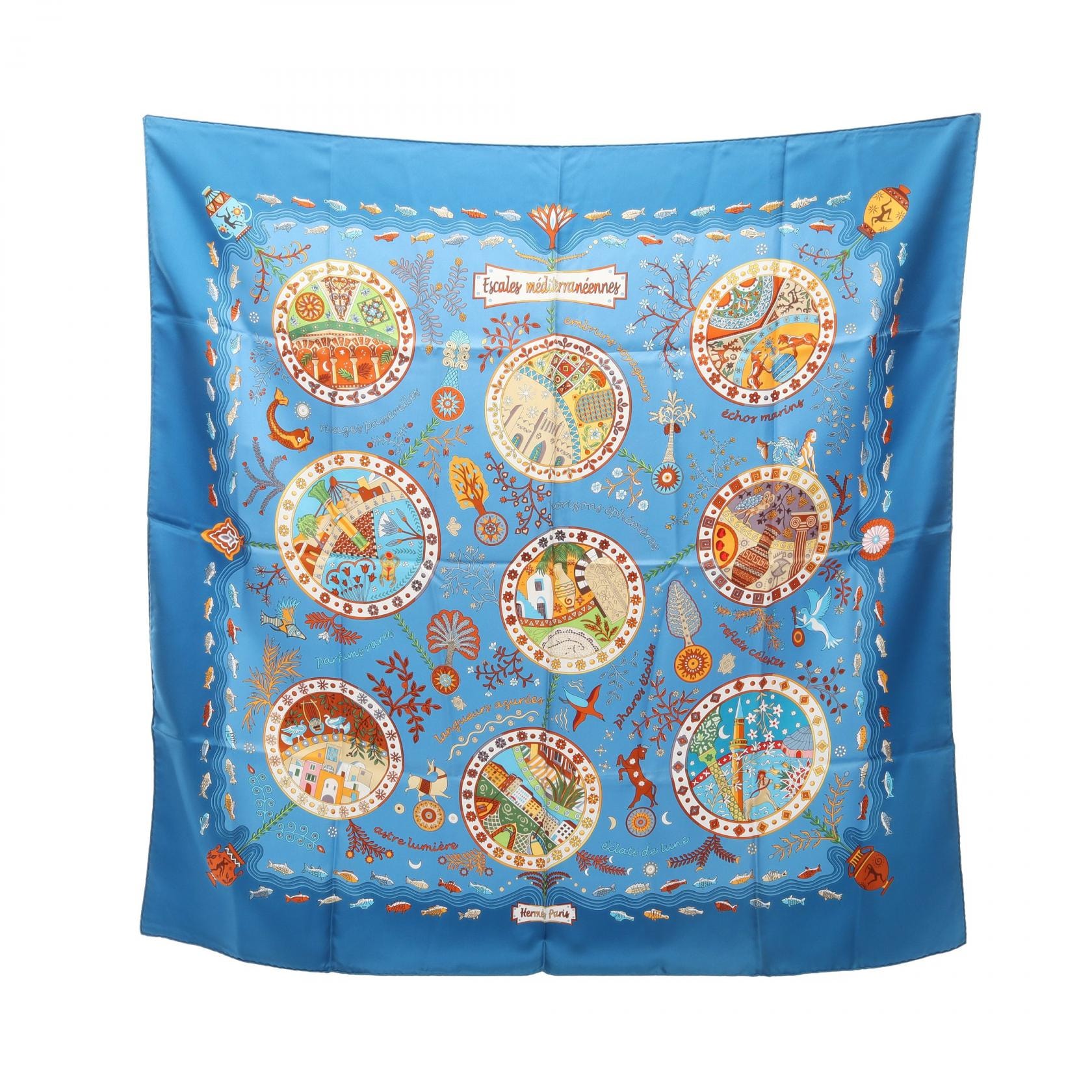 エルメス HERMES カレ90 Escales mediterraneennes スカーフ 衣料品 シルク シルク レディース ブルー系 / マルチカラー 【中古】