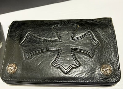 Chrome Hearts 1 Zip Cross Button Leather Wallet With Cross Patch "Black"