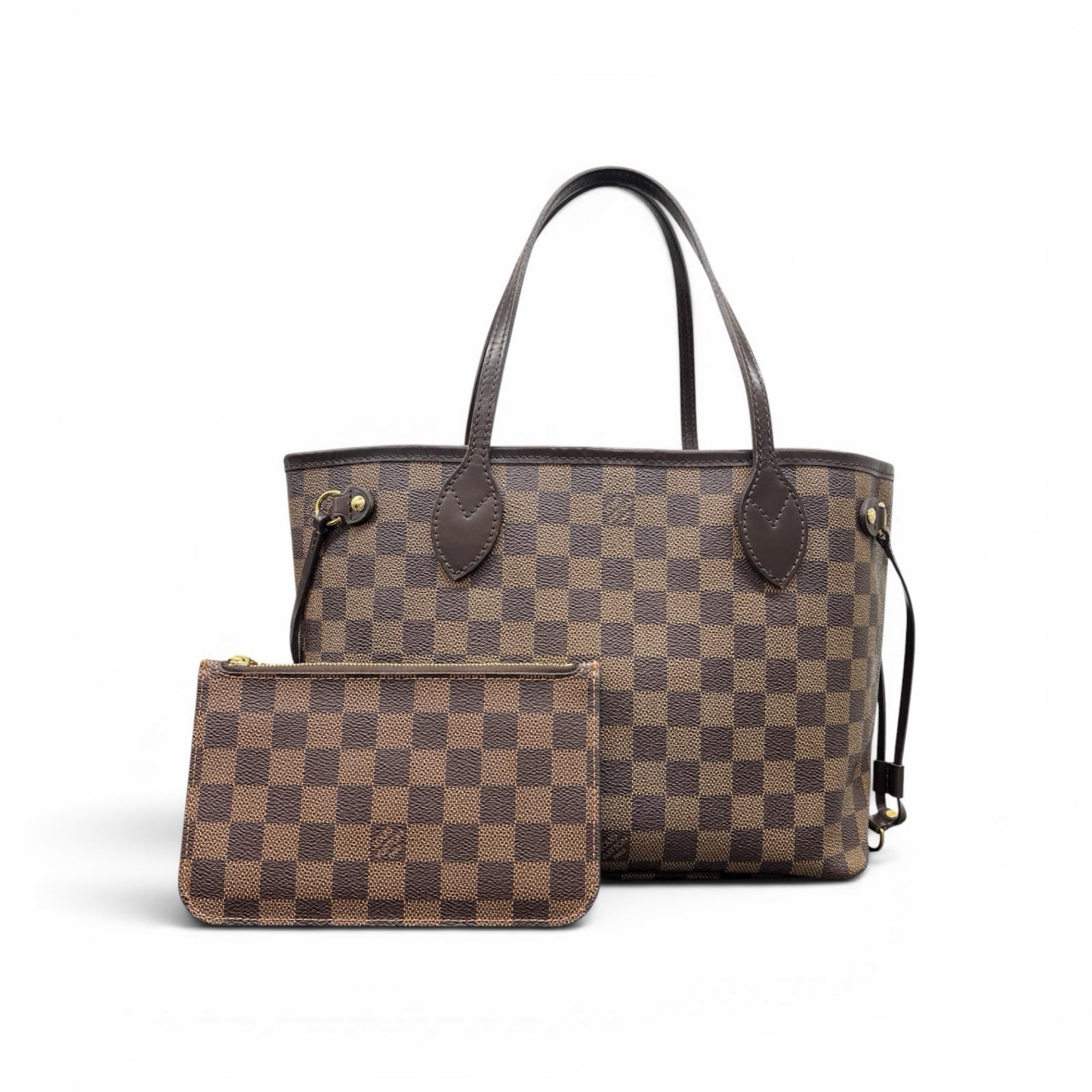 LOUIS VUITTON 人気 ルイヴィトン ネヴァーフルPM ダミエ エベヌ トートバッグ N41359 PVC レザー AR0127 ブラウン ショッピングバッグ ポーチ付属 LV ヴィトン Aランク 中古 鑑定済 ヴィトンバッグ