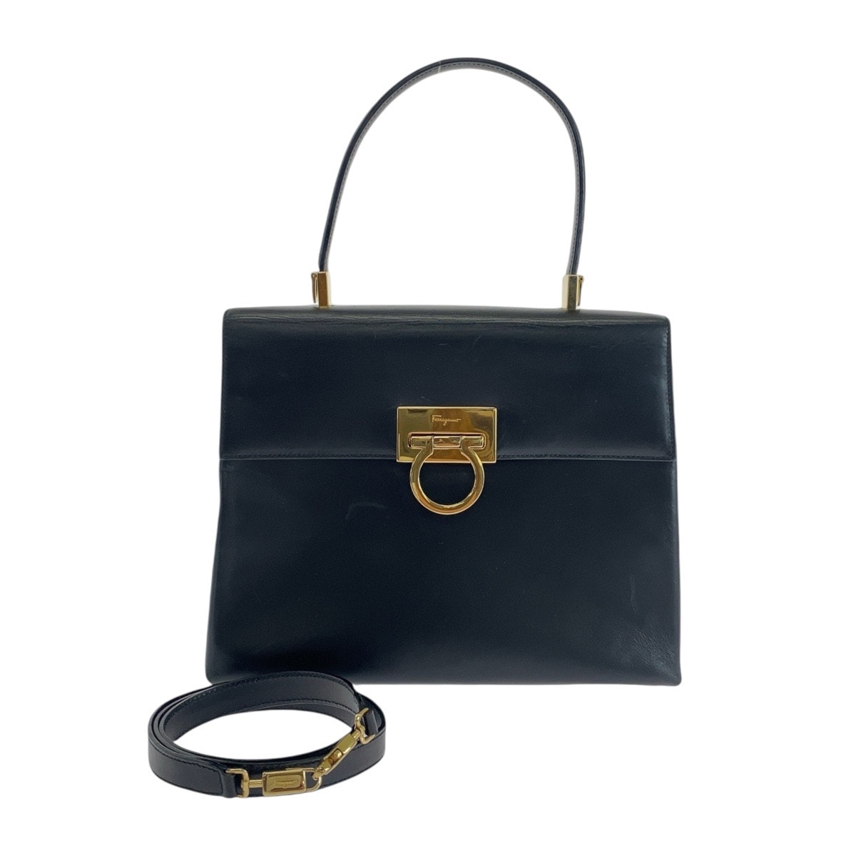 美品 Salvatore Ferragamo サルヴァトーレフェラガモ ヴィンテージ ガンチーニ ブラック 黒 ゴールド金具 レザー ハンドバッグ ショルダーバッグ 2way 601838 【中古】