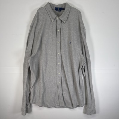 古着 ラルフローレン RALPH LAUREN 長袖シャツ ロゴ 刺繍 ボタンダウン 大きいサイズ FEATHERWEIGHT MESH 14041 グレー 無地 メンズ