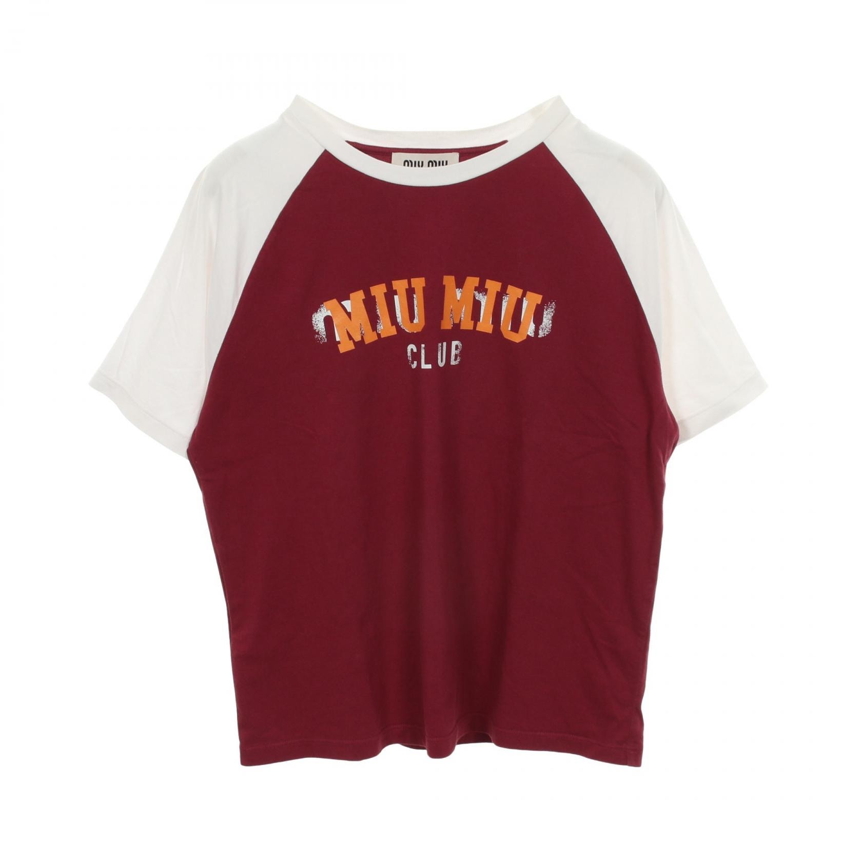 ミュウ ミュウ Miu Miu ロゴプリント 半袖Tシャツ 衣料品 トップス コットン レディース ボルドー系 / ホワイト系 MJN400 【中古】