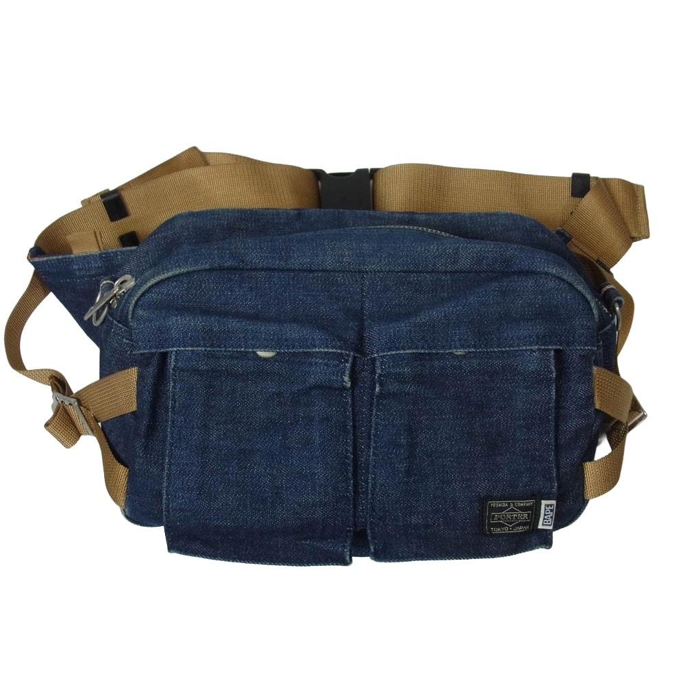 PORTER ポーター バックパック A BATHING APE エイプ デニム ウエストバッグ ボディバッグ インディゴブルー系【中古】