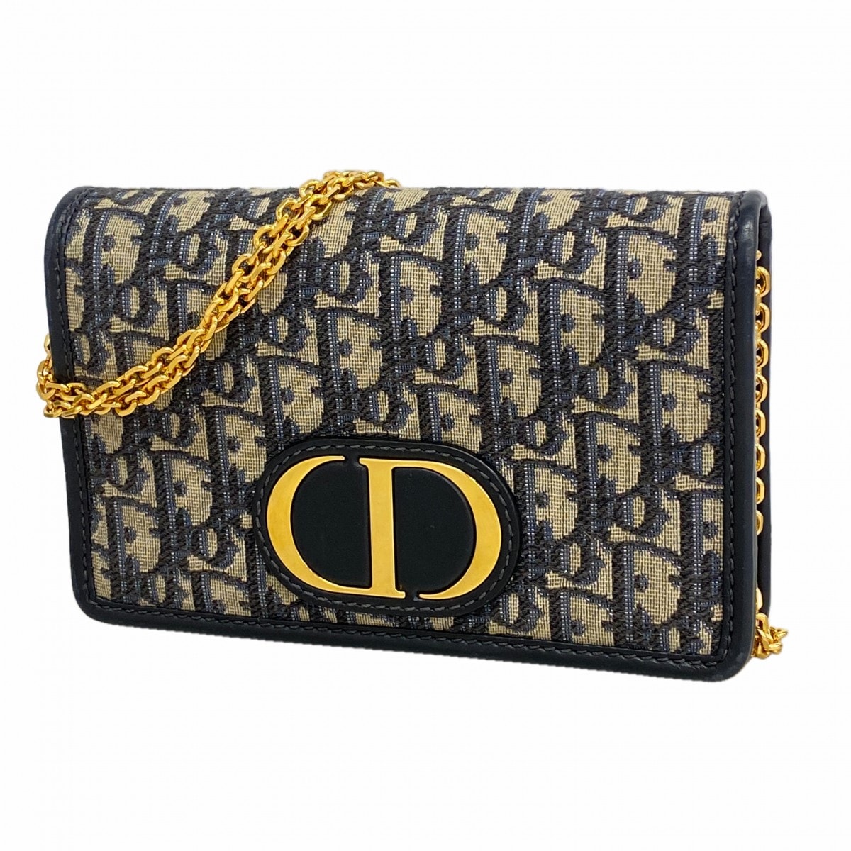 【6ee6321】クリスチャンディオール ショルダーバッグ オブリーク キャンバス ネイビー ゴールド金具【中古】レディース