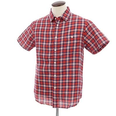 【中古】ザノースフェイス THE NORTH FACE コットンポリエステル チェック 半袖シャツ レッドxネイビー【サイズL】【メンズ】