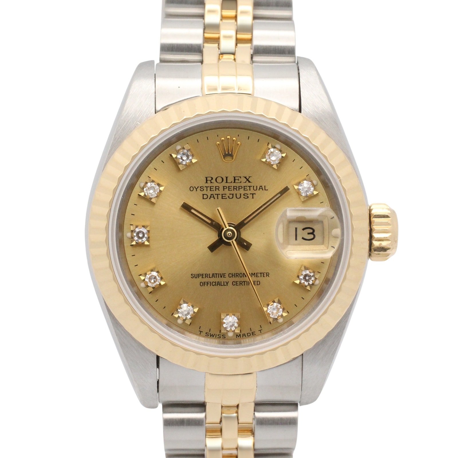 ロレックス ROLEX デイトジャスト 10Pダイヤ S番 腕時計 時計 K18(イエローゴールド) ステンレススチール ダイヤモンド レディース ゴールド系 シャンパン/旧ダイヤ 69173G 【中古】