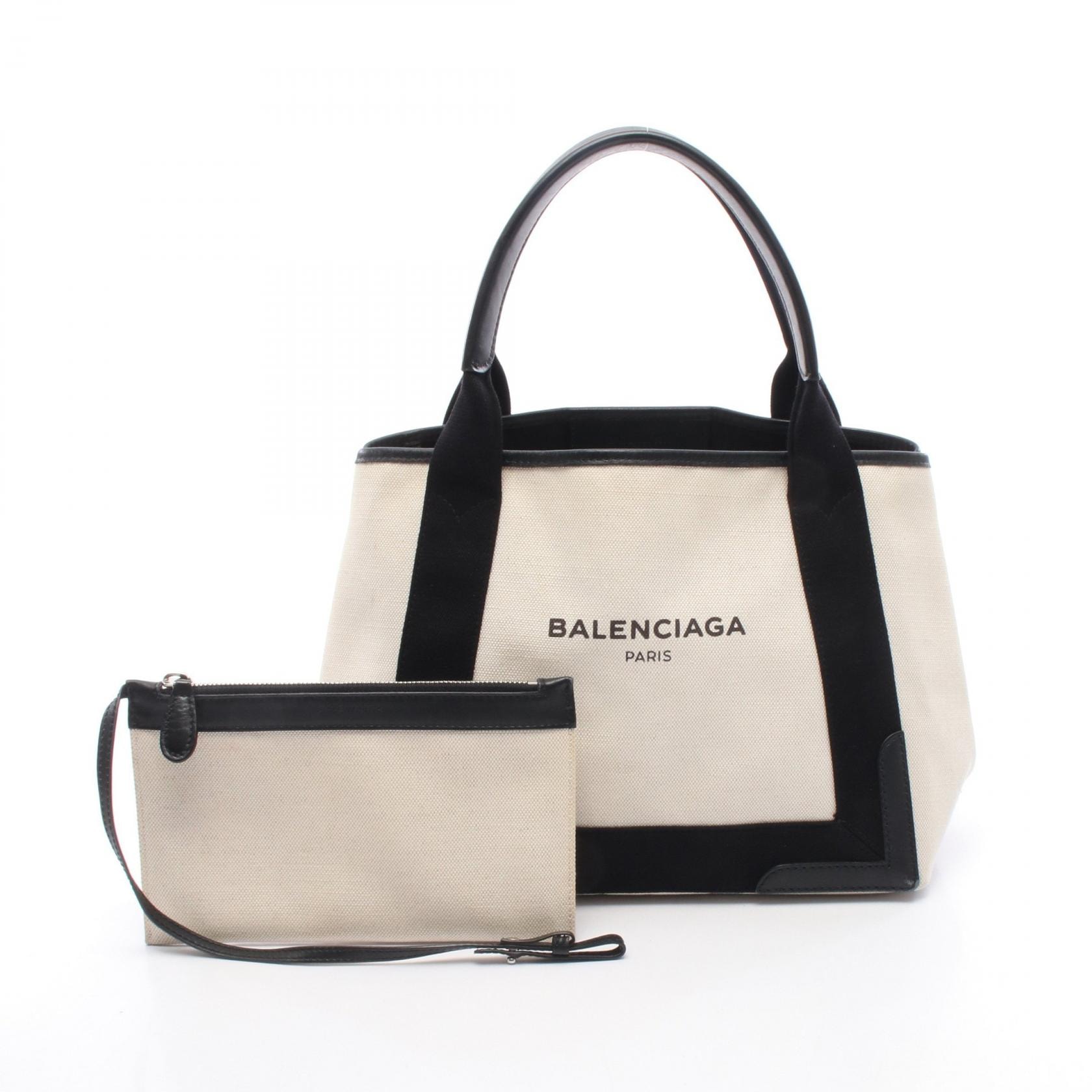 バレンシアガ BALENCIAGA NAVY CABAS S ネイビーカバ トートバッグ バッグ キャンバス レザー レディース ホワイト系 / ブラック系 339933 【中古】