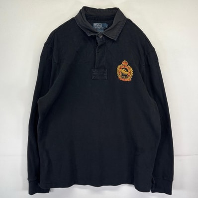 古着 ポロバイラルフローレン Polo by Ralph Lauren 長袖 ラガーシャツ 刺繍ロゴ 鹿子 大きいサイズ XL ブラック メンズ
