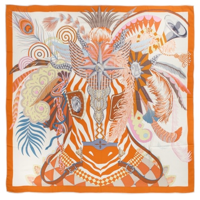 HERMES エルメス スカーフ カレ140 カレジェアン Cheval Masque シュヴァル マスク 244305S 03 カシシル ストール ショール カシミヤ・シルク オレンジ ホワイト【中古】