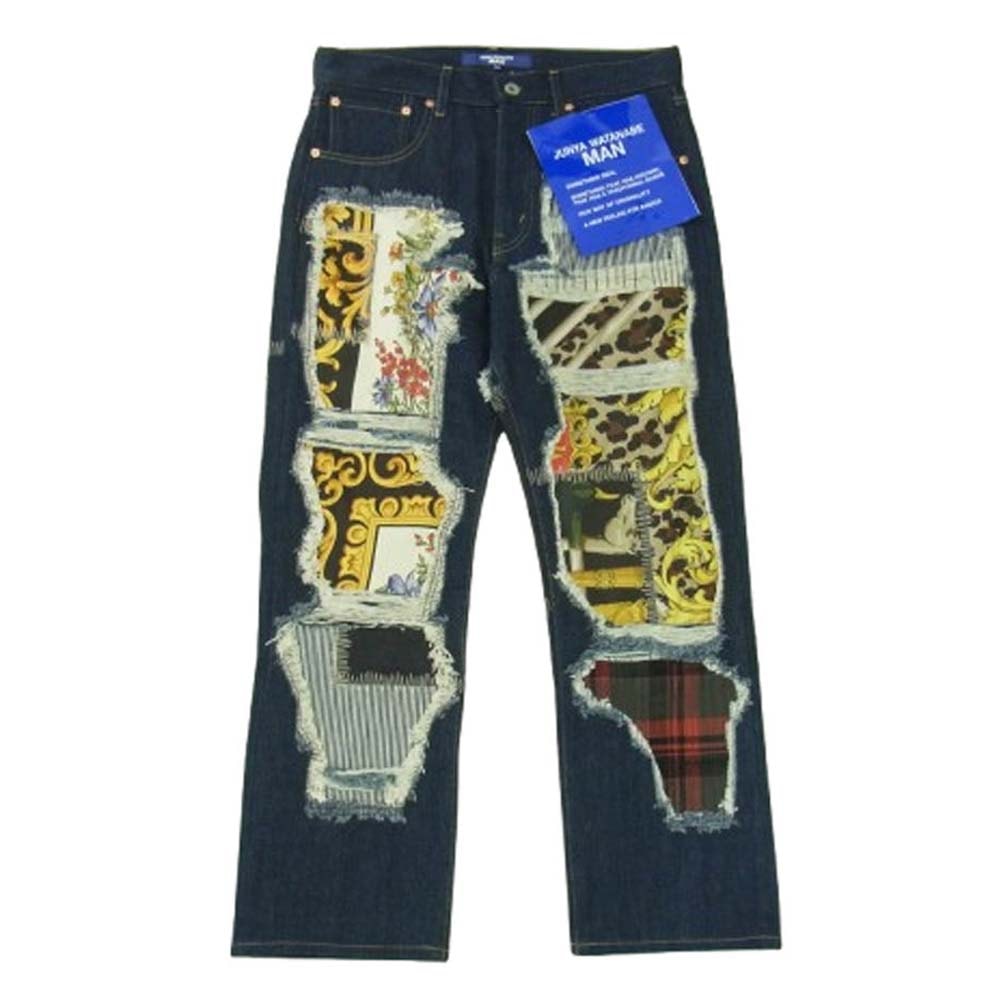 JUNYA WATANABE COMME des GARCONS MAN ジュンヤワタナベコムデギャルソンマン デニムパンツ WO-P044-051 綿デニム シルクスカーフ パッチワーク デニムパンツ インディゴブルー系 M【極上美品】【中古】