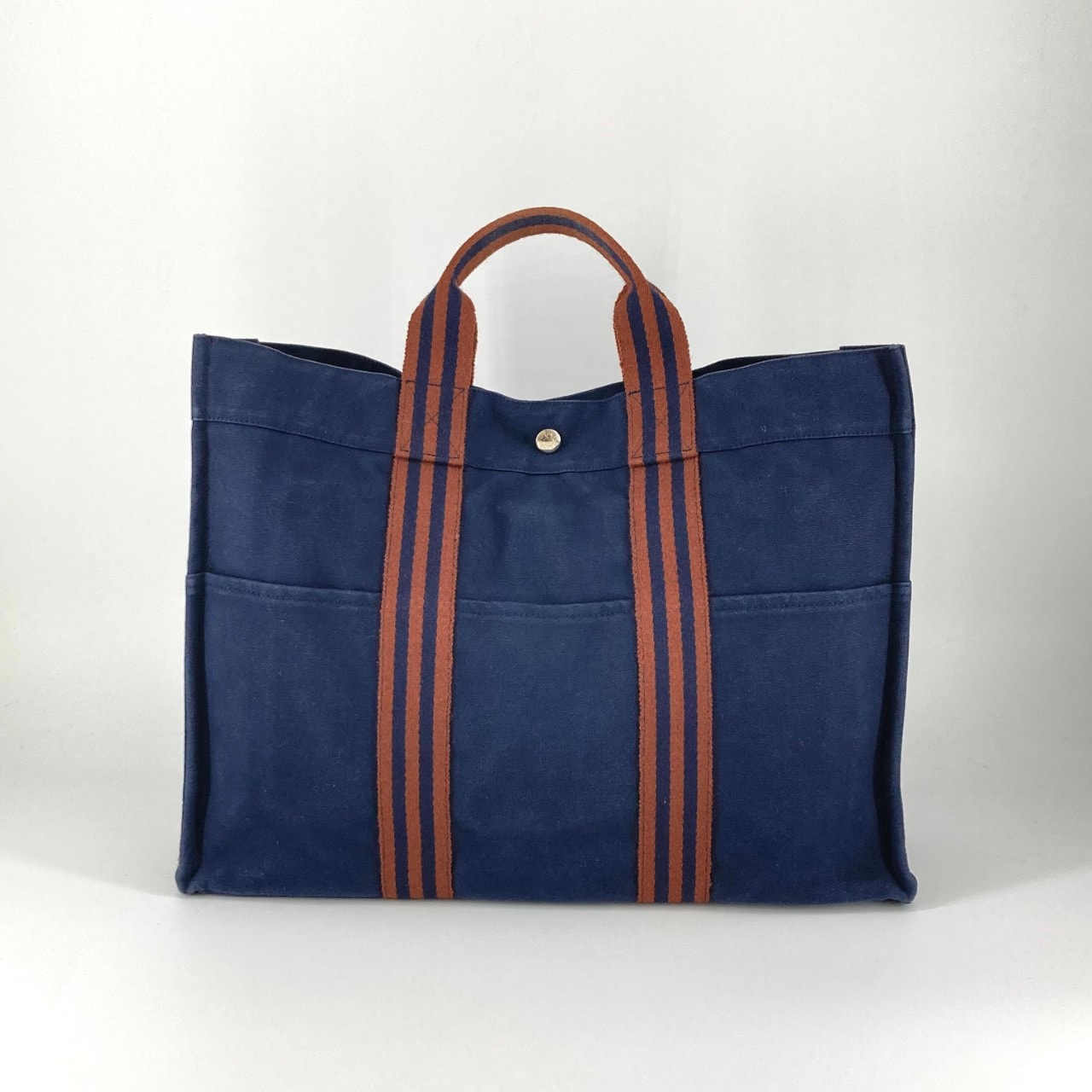 HERMES(エルメス) フールトゥMM キャンバス ハンドバッグ ネイビー×ブラウン