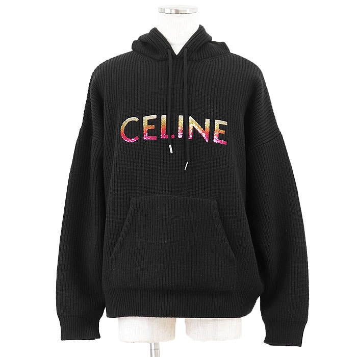 【未使用】CELINE セリーヌ ニット パーカー ロゴ スパンコール グラデーション ウール100% ローゲージ フーディー プルオーバー クルーネック ロングスリーブ 丸首 長袖 トップス タグ付属 メンズ サイズ L ブラック 黒 イタリア製