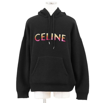 【未使用】CELINE セリーヌ ニット パーカー ロゴ スパンコール グラデーション ウール100% ローゲージ フーディー プルオーバー クルーネック ロングスリーブ 丸首 長袖 トップス タグ付属 メンズ サイズ L ブラック 黒 イタリア製