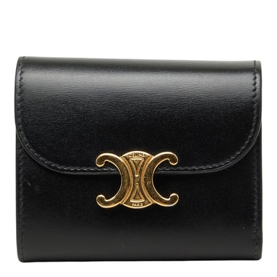 セリーヌ トリオンフ スモール ウォレット 三つ折り財布 ブラック レザー レディース CELINE 【中古】