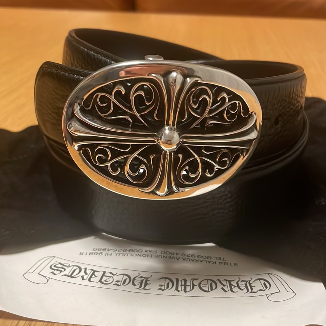 Chrome Hearts Classic Oval Cross Buckle Plane Black Leather 1.5 Horseshoe Rivet Belt Set "Black"