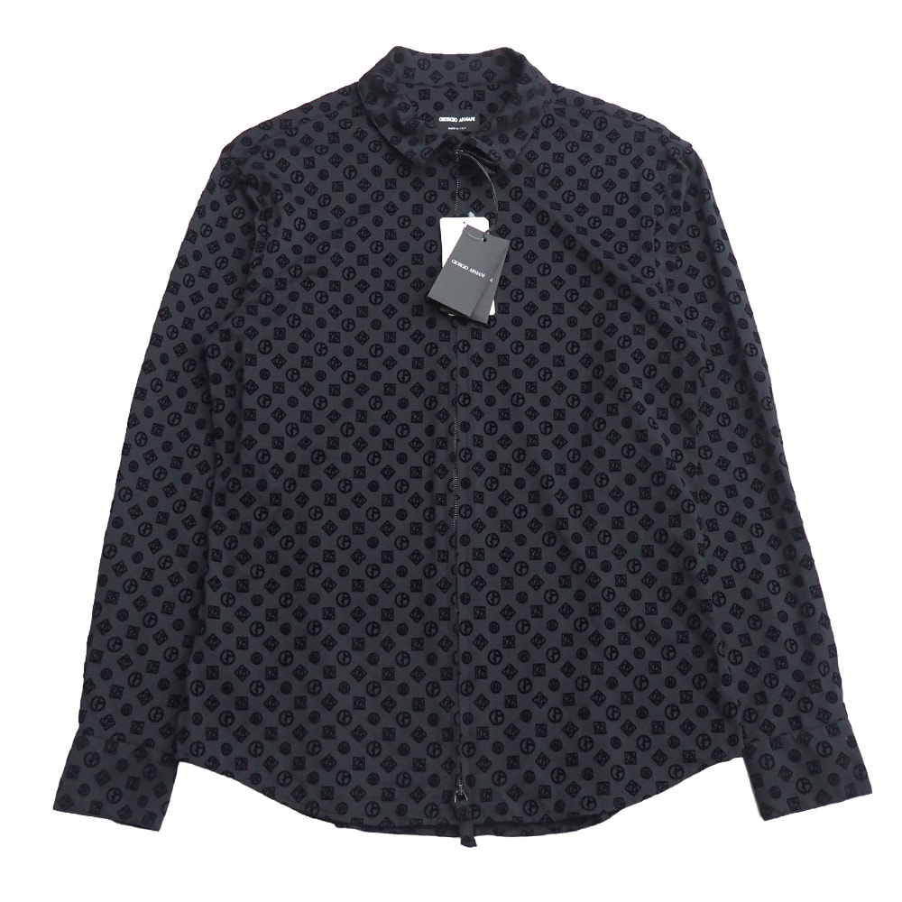 ■未使用品■GIORGIO ARMANI ジョルジオアルマーニ 長袖シャツ サイズ39 15 1/2 ロゴ フロッキープリント ストレッチ 黒タグ イタリア製 20260120/RA7314