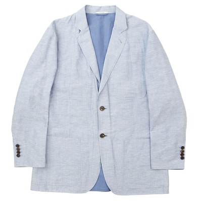 【SALE】HERMES エルメス ソルド品 テーラードジャケット サイズ 52 メンズ リネン × コットン ペンシルストライプ ノッチドラペル 2B 開き見せ センターベント アンコン 軽量 アウター サックスブルー 青 フランス製