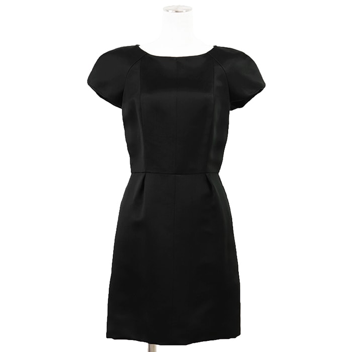 【美品】CHANEL シャネル ワンピース シルクサテン サイズ 36 レディース P41856 2011年製 COCOマーク ロゴ チャーム フレンチスリーブ 半袖 ミディ丈 ドレス ブラック 黒 フランス製 カール・ラガーフェルド期