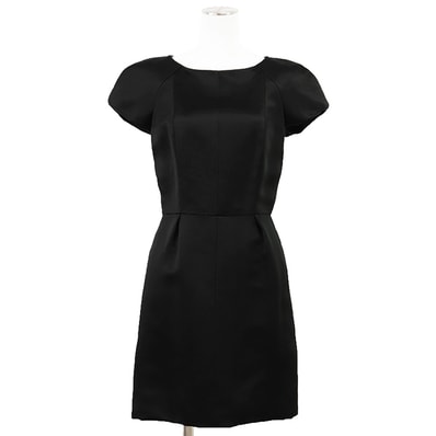 【美品】CHANEL シャネル ワンピース シルクサテン サイズ 36 レディース P41856 2011年製 COCOマーク ロゴ チャーム フレンチスリーブ 半袖 ミディ丈 ドレス ブラック 黒 フランス製 カール・ラガーフェルド期