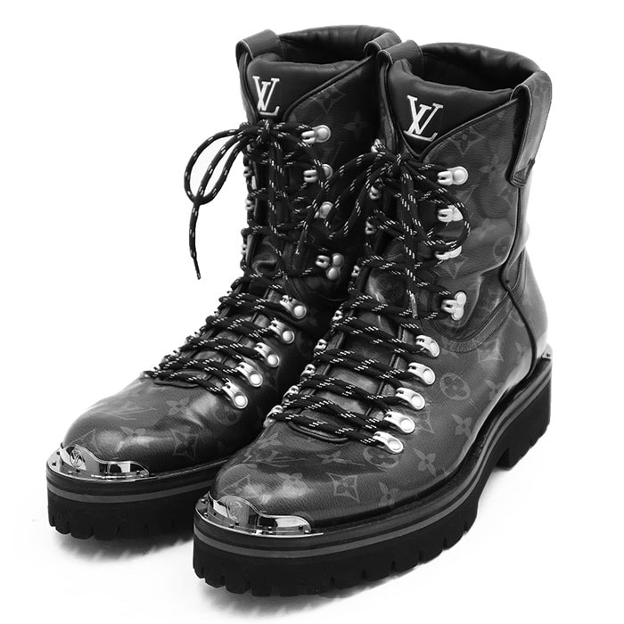 LOUIS VUITTON ルイ・ヴィトン ブーツ ショート アウトランドライン サイズ 10.5 メンズ 2018年製 LVモノグラム ロゴ PVC × レザー シューズ 靴 グレー 灰色 イタリア製